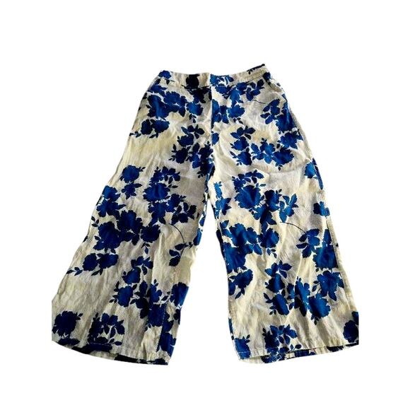 Cynthia Rowley Floral Linen Flat Front Pull On Wide Leg Cropped Pants blue - Picture 2 of 5